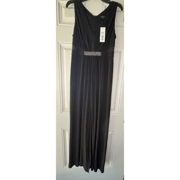HALSTON HERITAGE NWT Jewel Waist Crepe GOWN Maxi DRESS Size 8 BLACK - Picture 4 of 11